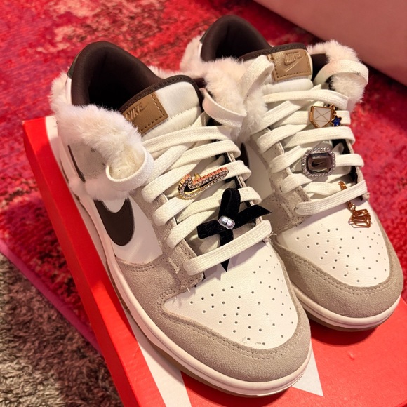 Nike Women's dunks (Low mink and jewels) white and tan with fur trim and charms - Picture 5 of 8